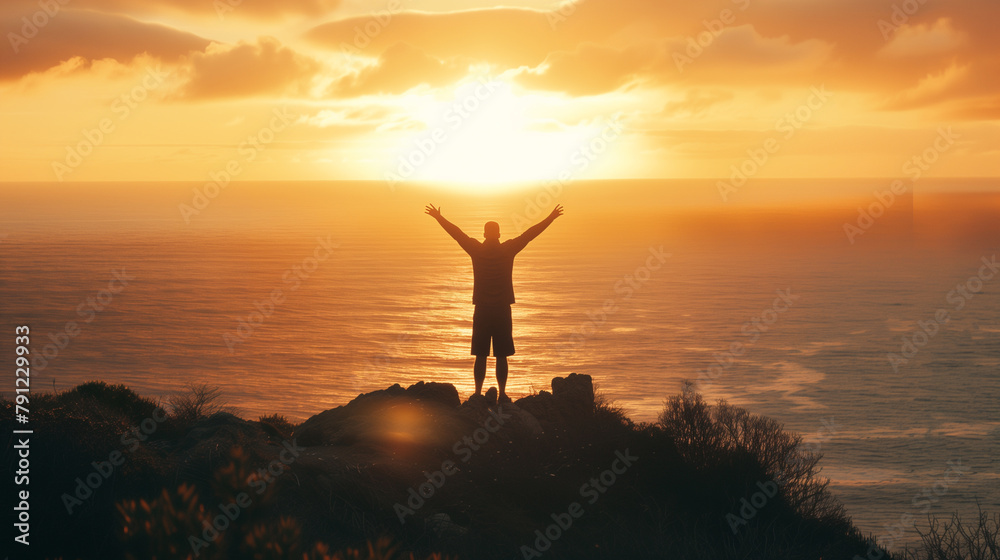 A man stands on a hill overlooking the ocean, with the sun shining brightly on him. He is holding his arms up in the air as if he is celebrating or expressing joy. Concept of freedom and happiness