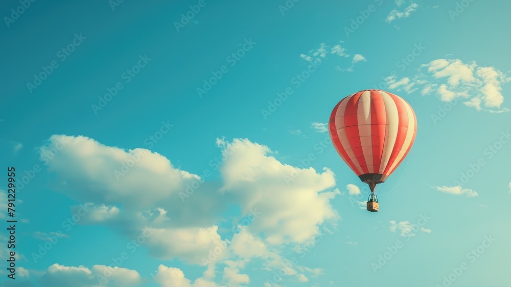 Fototapeta premium Red and white striped hot air balloon floating in clear blue sky with fluffy clouds