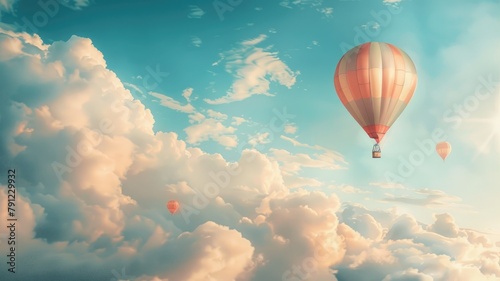 Hot air balloons floating in cloud-filled sky at sunset