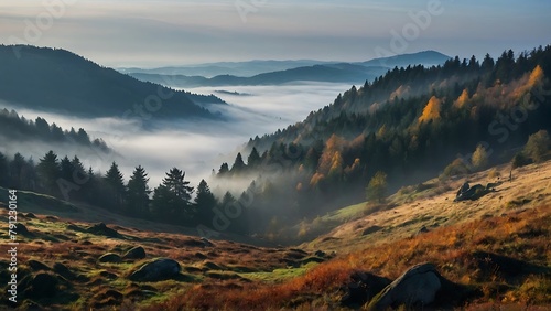 Misty fog forest beautiful landscape in the mountains. retro style, foggy mountains and trees