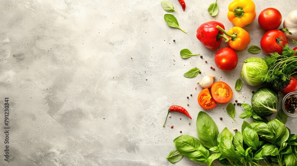 Assortment of fresh vegetables on textured grey surface with space for text Assortment of fresh vegetables on textured grey surface with space for text
