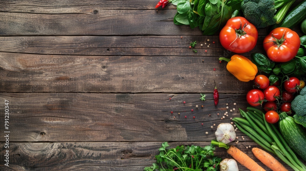 Assorted fresh vegetables on rustic wooden surface Assorted fresh vegetables on rustic wooden surface