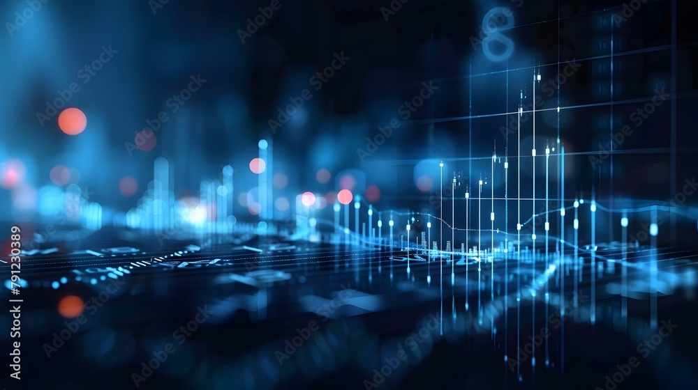 Financial data of business stock market chart or investment profit graph on a dark blue background, including financial chart and candlestick graph analysis. - obrazy, fototapety, plakaty 