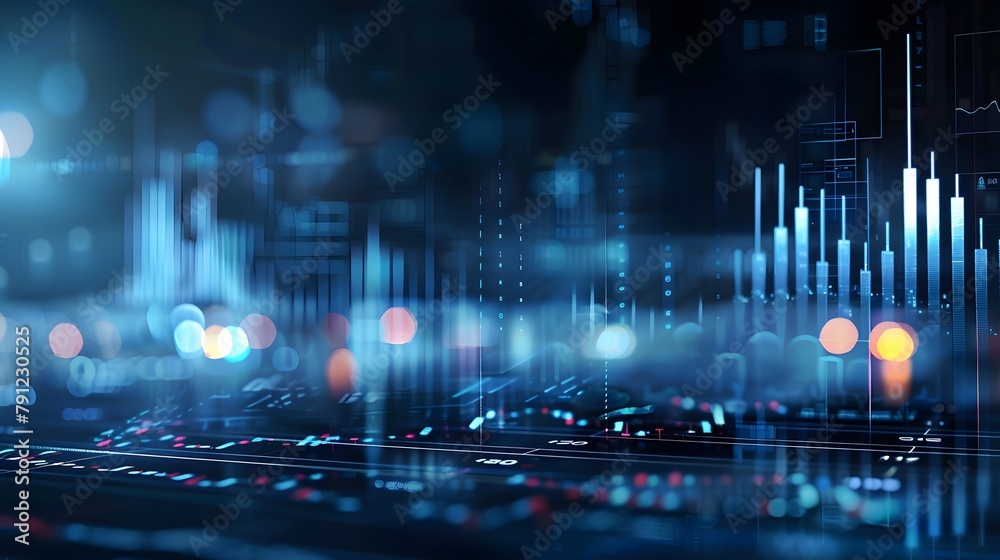 Fototapeta premium Financial data of business stock market chart or investment profit graph on a dark blue background, including financial chart and candlestick graph analysis.