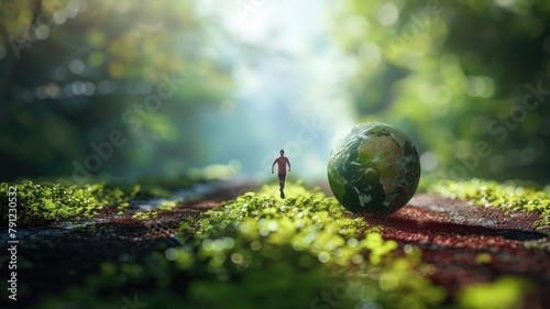 Miniature figure of person running towards small globe in forest setting with sunrays