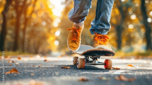 Person skateboarding in autumn scenery with colorful leaves