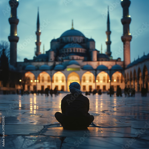 An African Islamic man prays in front of a mosque