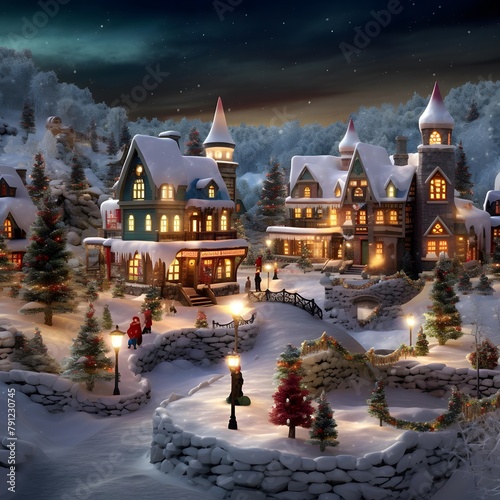 Merry Christmas and Happy New Year. Cute winter village.