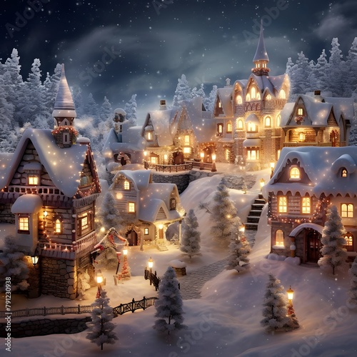 Christmas village in the snow at night. 3D illustration. Christmas background.