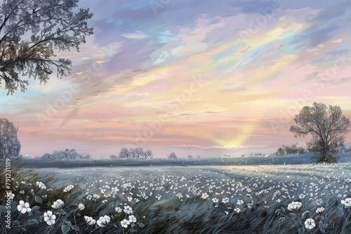 A tranquil scene of a cotton field at dawn, with fluffy white bolls ready for harvest and the first light of day painting the sky in pastel hues, Generative AI photo