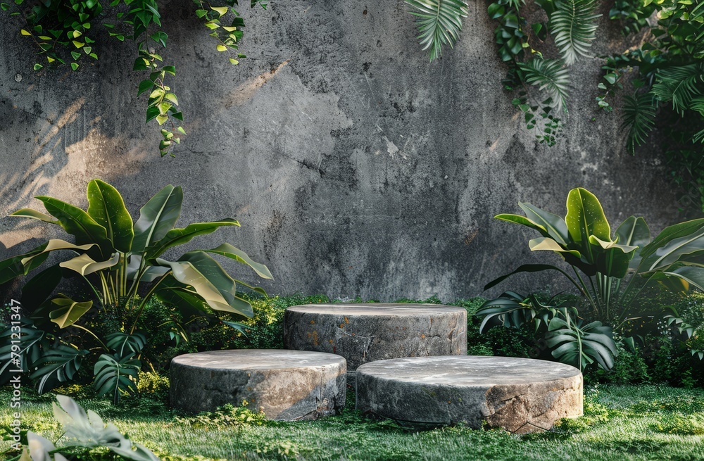 there are three concrete benches sitting on the grass in the yard there are three concrete benches sitting on the grass in the yard