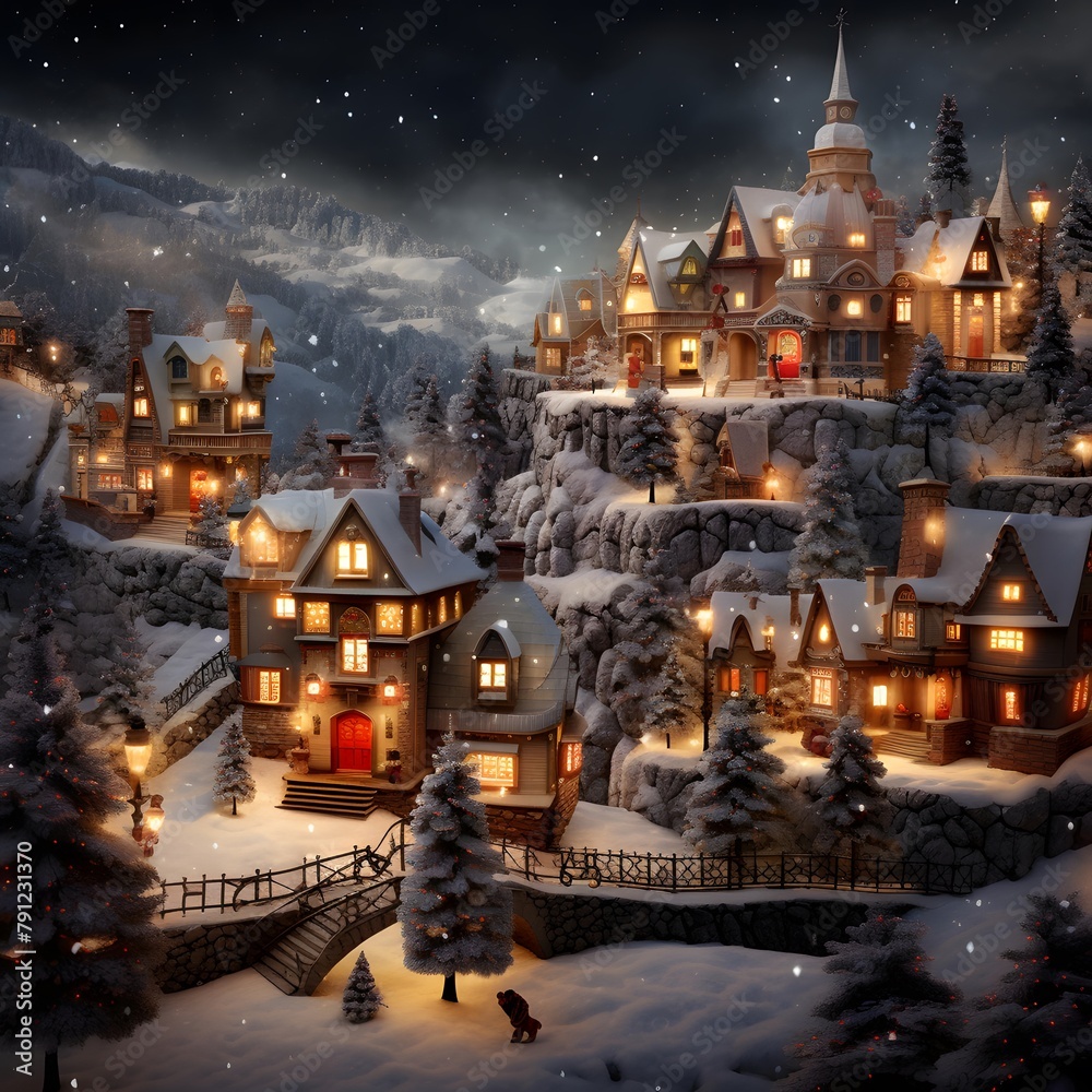 Winter night in the village. Christmas and New Year concept. Digital painting.