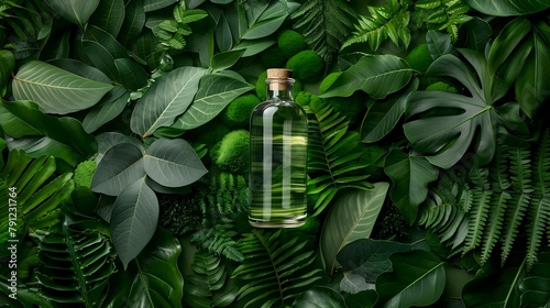 Tranquil Glass Bottle Surrounded by Lush Greenery