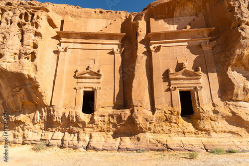 Al Ula, Saudi Arabia: The amous tombs of the Nabatean civilization, Al-Ula being their second largest city after Petra, at the Madain Saleh site in the Saudi Arabia desert photo