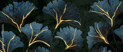 Dark luxury art background with ginkgo leaves with golden elements in kintsugi style. Botanical banner for decoration, print, textile, wallpaper, interior design, poster, packaging.