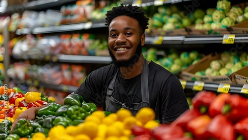 Employee offering exceptional customer service with a smile in the produce section. Concept Exceptional Customer Service, Produce Section, Employee, Smiling, Customer Satisfaction