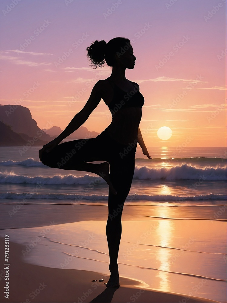 Silhouettes of woman do yoga at sunset scenery 