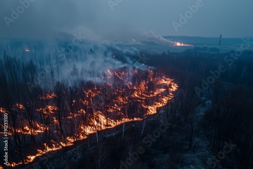 Wildforest fire burning forest trees eecological disaster smoke aerial view from helicopter danger death animals damage hazard blaze pollution tragedy