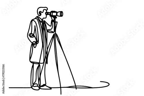 One continuous black line hand drawing of traveler man standing, holding binocular and looking into distance with binoculars linear sketch doodle on white background vector