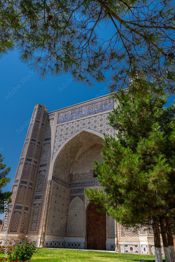 Beautiful walls and dome of Bibi-Khanym Mosque in Samarkand, Uzbekistan