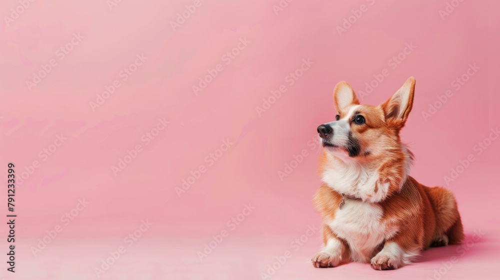 Corgi dog sits attentively against pink background