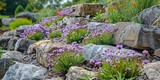 A rock garden with purple wild flowers a landscape with with a big space for text or product advertisement background, Generative AI.