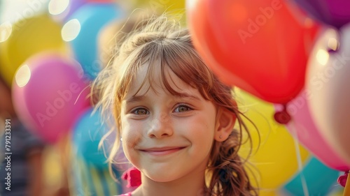Young girl smiling with colorful balloons in background