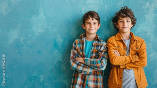 Two smiling boys leaning against blue wall with arms crossed photo