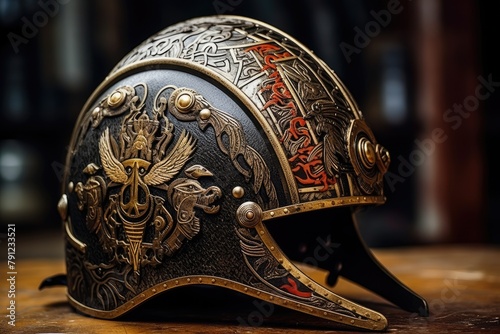 Helmet Engravings: Highlight the engravings on a warrior's helmet.