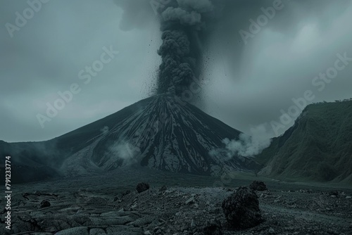 Volcanic eruption volcano erupting with smoke ashes old mountain peak sky covered with fumes natural disaster catastrophe exploding explosion national park lava