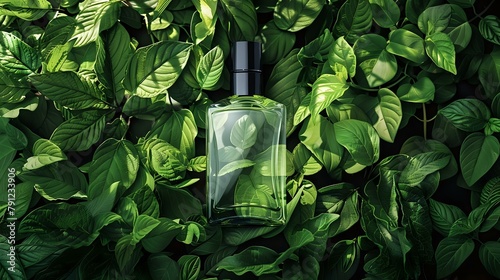 Lush Green Leaves Provide Backdrop for Glass Bottle