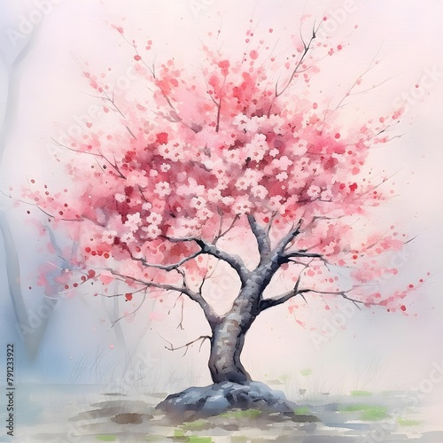 Beautiful cherry blossom tree in spring season, watercolor painting © Iman