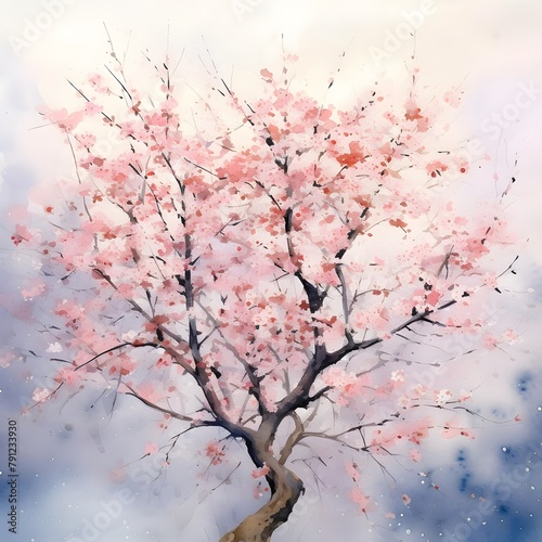 cherry blossom tree on blue sky background with watercolor effect