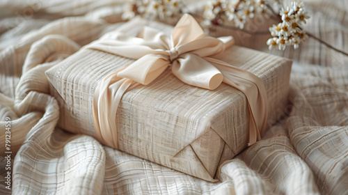 Beautifully wrapped mother s day gift with a delicate satin bow  placed on soft  textured fabric.