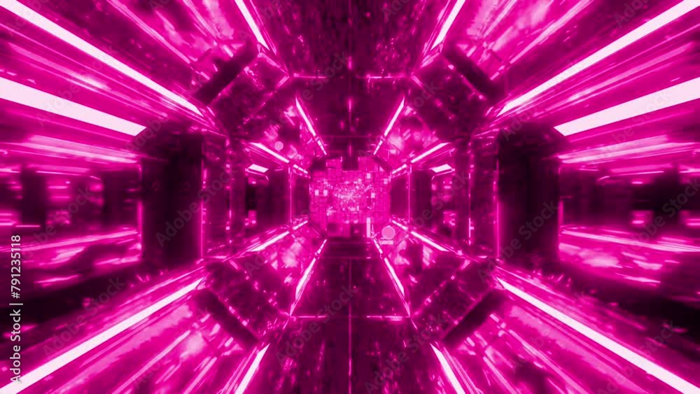 futuristic sci-fi space tunnel pink corridor with reflective bricks texture and endless pink neon lights visual loop