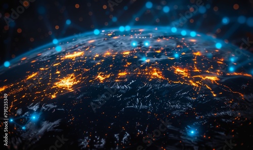 Futuristic Global Data Exchange on Blue-Purple Digital Earth 