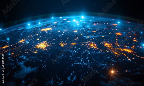 Futuristic Global Data Exchange on Blue-Purple Digital Earth 