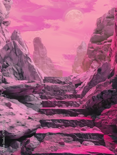 Enigmatic steps leading to a lunar realm - A captivating pink-toned landscape with rocky steps toward a night sky with a clear moon