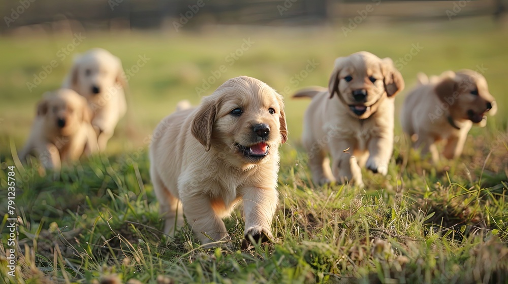 Golden retriever puppies frolicking in a meadow
