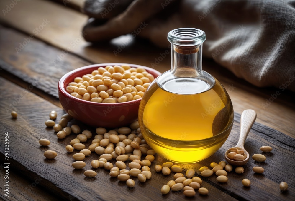 A glass bottle filled with soy oil on a wooden table A glass bottle filled with soy oil on a wooden table