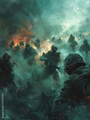 Soldiers in battle amid explosive, chaotic scene - A dynamic portrayal of soldiers engaged in a battle, highlighted by explosive elements and chaos around