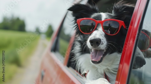 Dog wearing sunglasses in a car window - A joyful dog with stylish red sunglasses looking out of a car window, embodying freedom and happiness photo