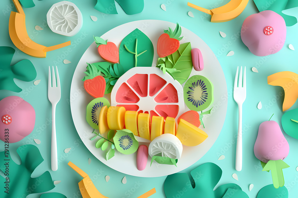 Fruits and healthy food illustration. Paper cutout art style