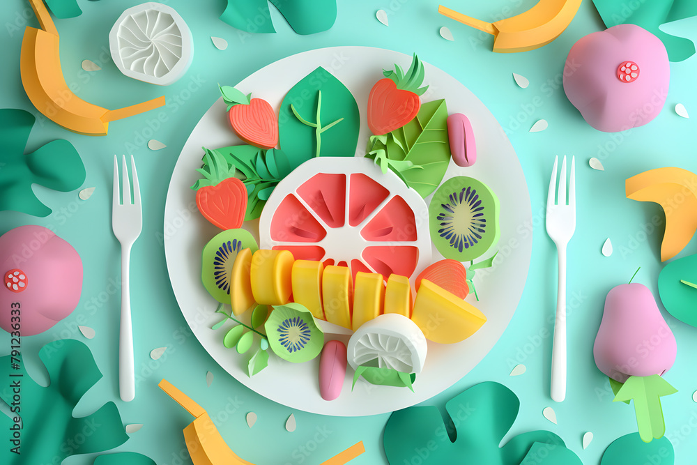 Fototapeta premium Fruits and healthy food illustration. Paper cutout art style