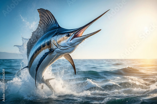 A majestic marlin leaps dynamically from the ocean, its spear-like upper jaw and vivid stripes catching the sunlight against a backdrop of the open sea and a clear sky. photo
