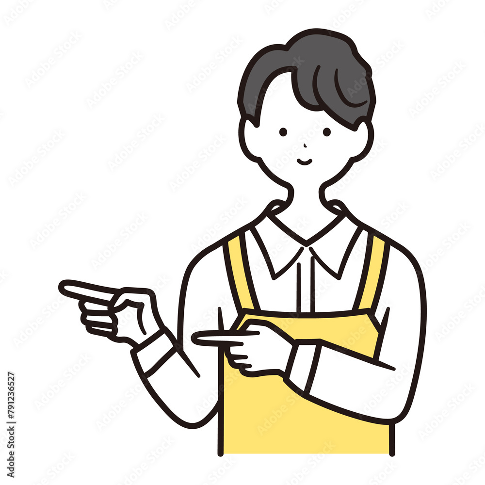 カフェで働く指差ししている男性の上半身イラスト素材
