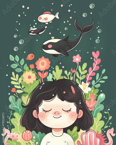 A girl with black hair and closed eyes is surrounded by flowers and sea creatures.