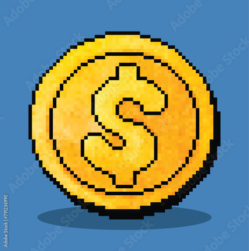 Coin in 8 bit pixel art. Coin pixel in vector