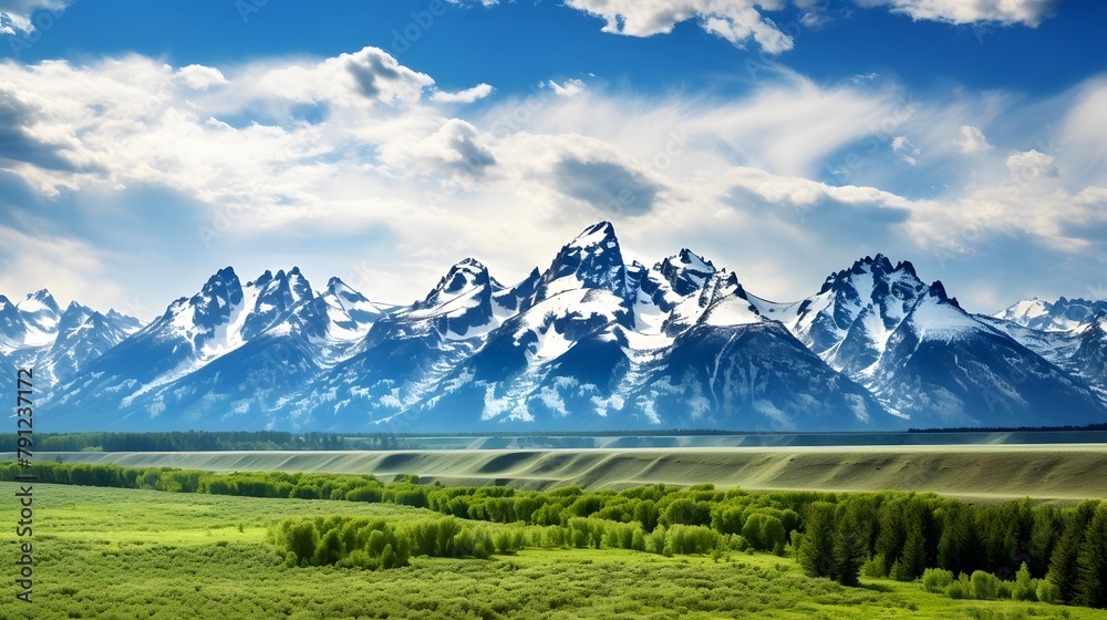 Panoramic view of snow capped mountain range with green meadow