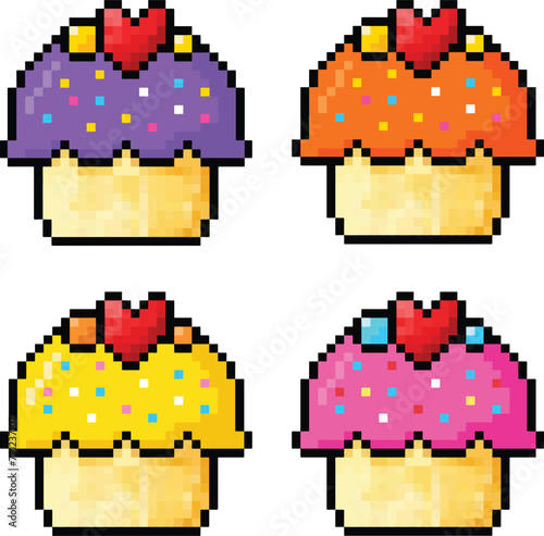 Cupcake in 8 bit pixel art. Cupcake pixel in vector.